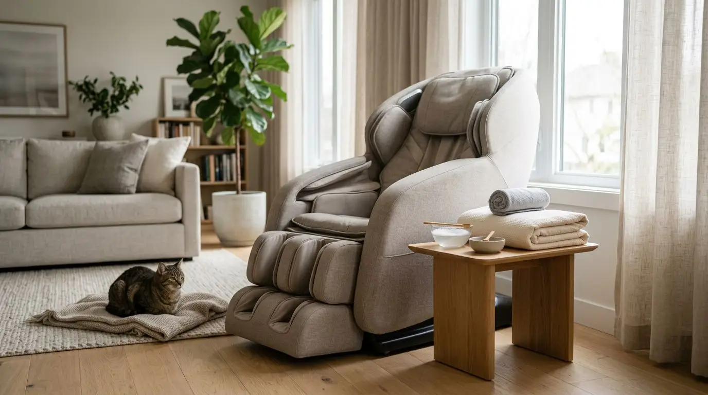 Massage chair with a washable cover and cleaning cloths for upholstery protection