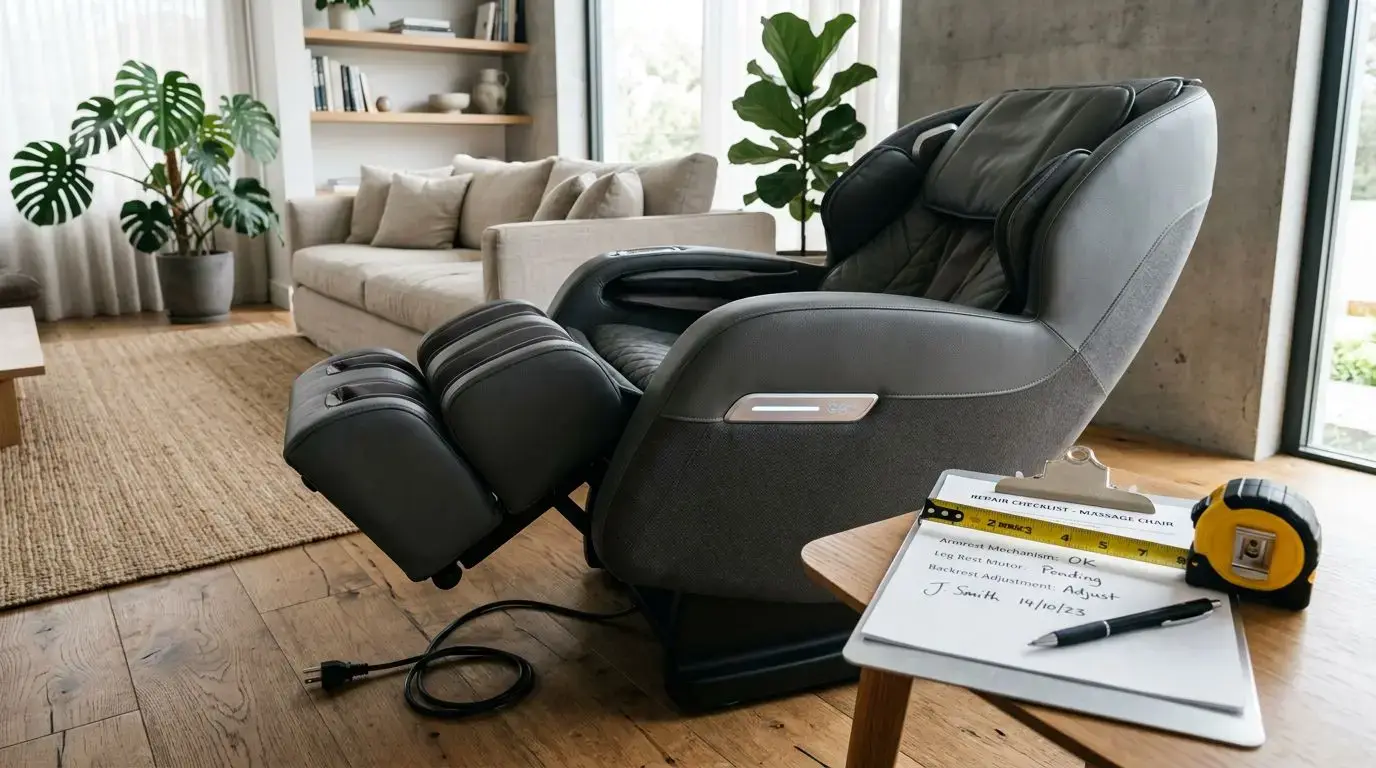 Generic massage chair with repair checklist, tape measure, and unplugged power cord