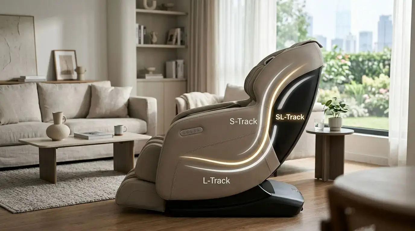 Massage chair track designs showing S-track, L-track, and SL-track coverage areas