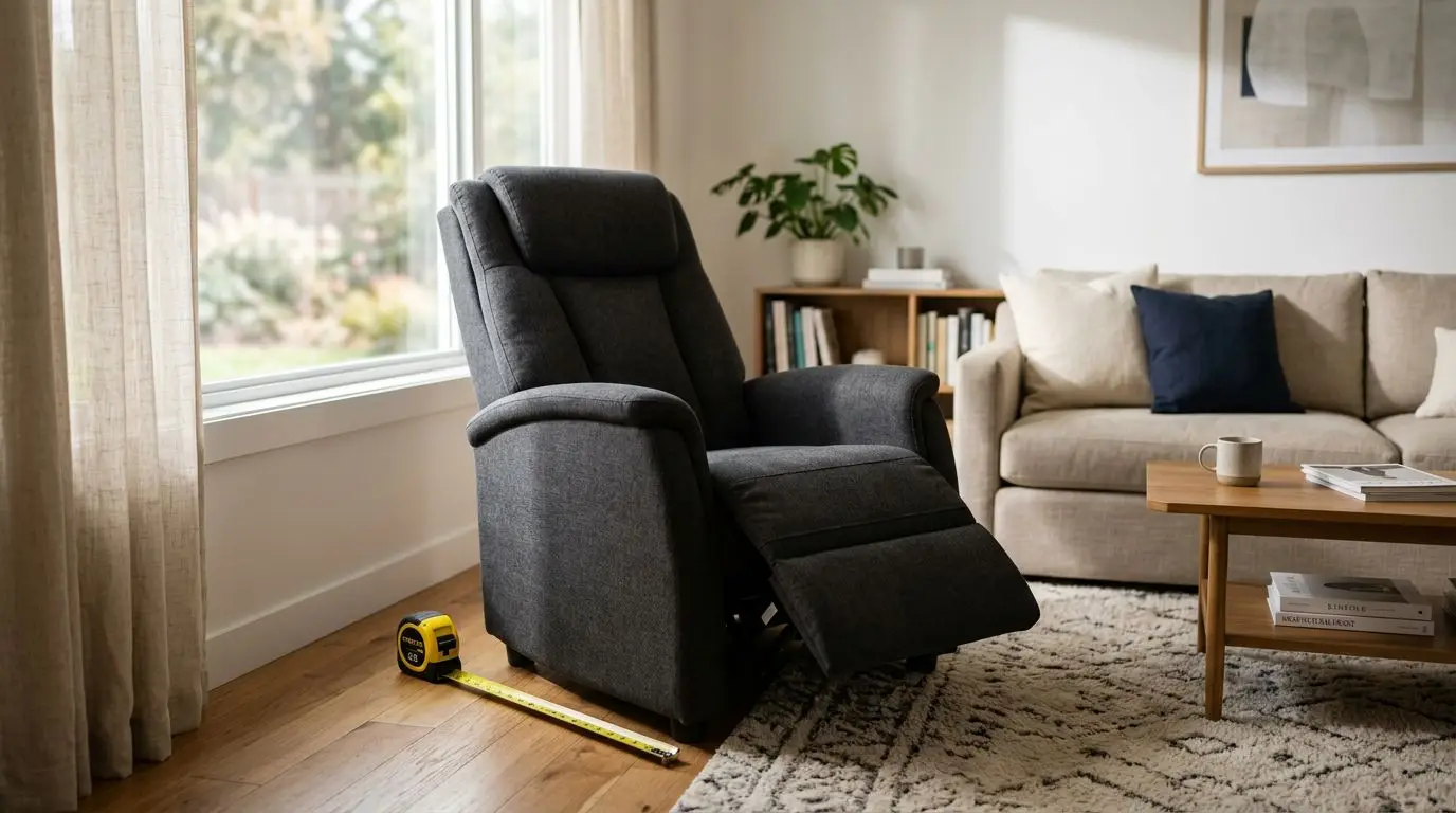 Generic shiatsu-style massage chair in a living room with a tape measure on the floor