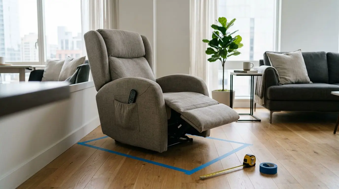 Space-saving massage chair placed near a living room wall with measuring tape on the floor