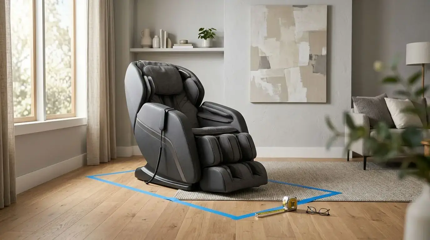 Generic massage chair in a living room with floor tape and a tape measure showing clearance planning