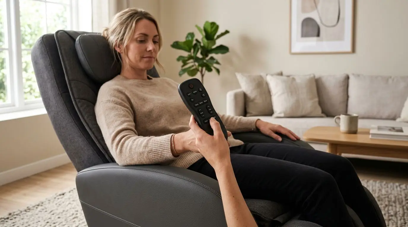 Person adjusting manual settings on a generic massage chair remote