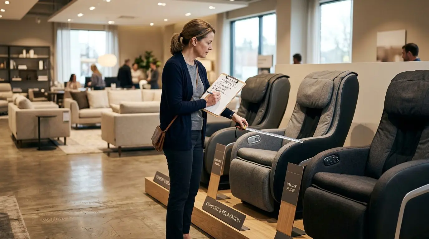 Shopper testing an unbranded massage chair in a local showroom with a checklist