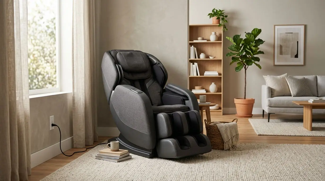 Generic massage chair placed in a living room corner with clear floor space around it