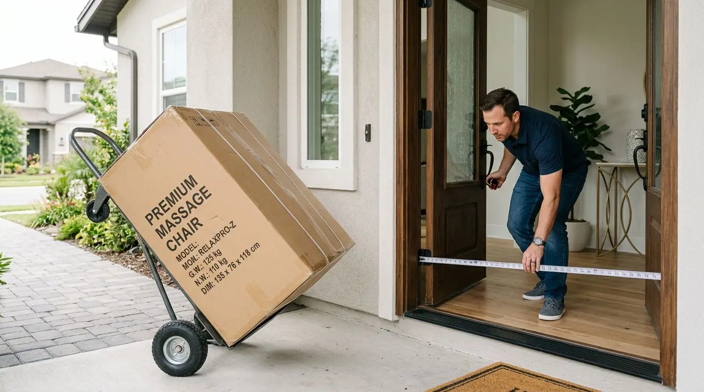 Homeowner measuring a doorway before massage chair delivery