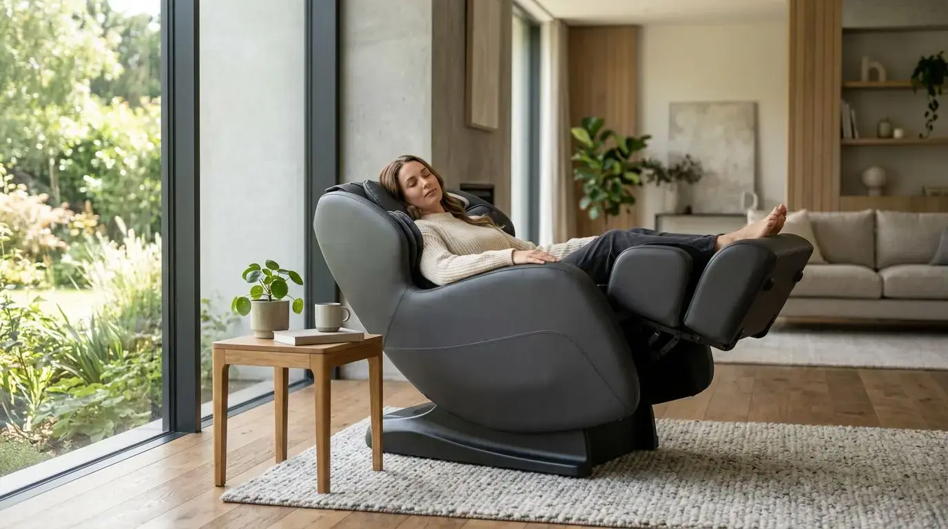 Unbranded massage chair reclined in zero gravity position in a modern living room