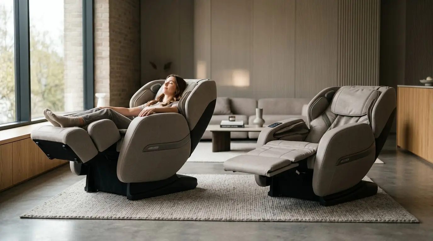 Two generic massage chairs comparing zero gravity and lay-flat recline positions